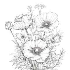 Poppy flowers, bouquet.   Black and white coloring book, coloring pages for children.