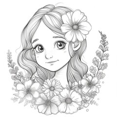 Portrait of a cute girl with flowers.Black and white coloring book, coloring pages for children.