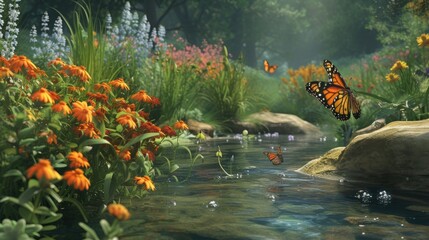 Obraz na płótnie Canvas Monarch butterflies flutter above a serene stream flowing through a lush garden full of vibrant orange flowers and greenery.