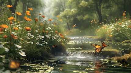 Obraz na płótnie Canvas Fluttering gracefully above a serene stream, Monarch butterflies add a touch of elegance to the lush garden filled with vibrant orange flowers and greenery.