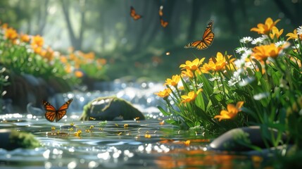 Serenely flowing through the vibrant garden, a tranquil stream serves as a backdrop for Monarch butterflies fluttering amidst the lush greenery and vibrant orange flowers.