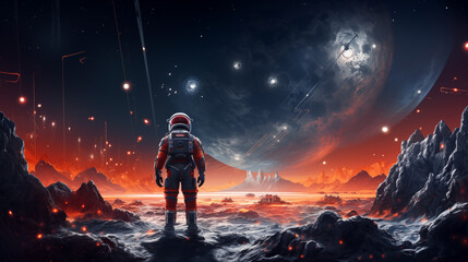 Astronaut in spacesuit stands facing meteor shower on alien planet under giant moon and starry sky