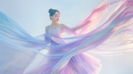 Wind, face of young Asian woman flying young and beautiful Wearing a large light blue, purple, light pink, and rippled Morandi color combination, the tutu pattern in the wind, light, free, white back.