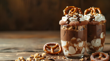 Front view of dessert with pretzels and copy space