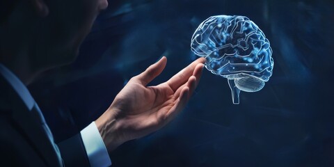 a man in a suit reaching for a 3d hand draw brain, on light blue and navy background