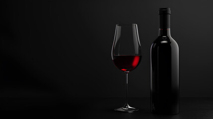 Glass and bottle of red wine on a black background, empty copy space