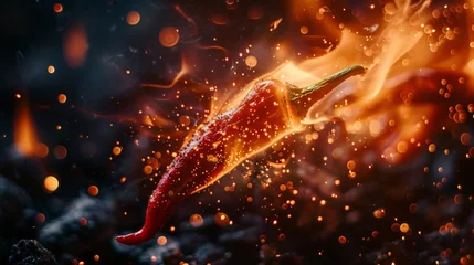 Fotobehang Red hot chili pepper on black background with flame © Nataliya