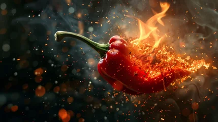 Poster Im Rahmen Red hot chili pepper on black background with flame © Nataliya