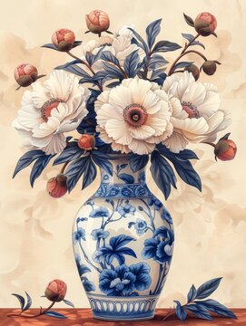 white and blue flowers painting inside a vase on the wall