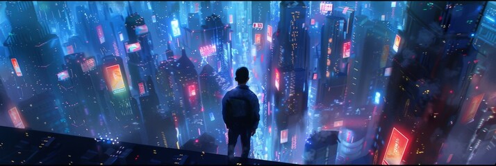 Man overlooking a futuristic neon cityscape - A solitary figure stands contemplating a sprawling, neon-lit future city, evoking a sense of wonder and solitude - obrazy, fototapety, plakaty
