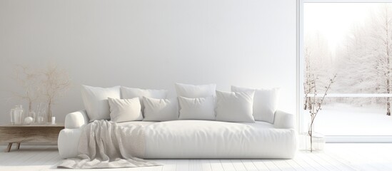 A white couch is placed in a Scandinavian-designed living room, positioned next to a large window. The room is bright and minimalistic, with clean lines and a sense of spaciousness.