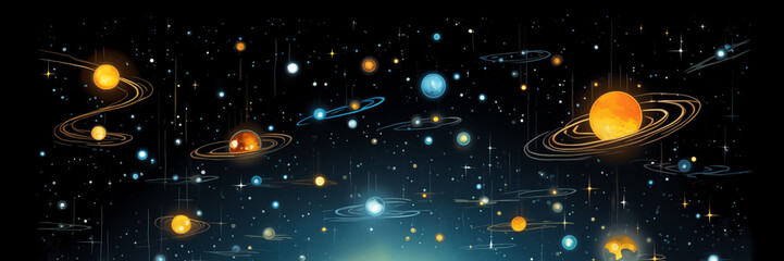 Obraz premium Planets and stars in dark space, mystery of universe background banner. Panoramic web header. Wide screen wallpaper