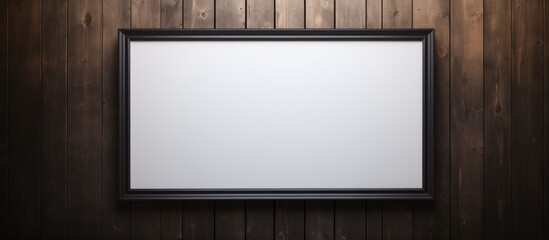 A black empty picture frame is suspended on a timber wall, waiting to display a cherished photograph or artwork.