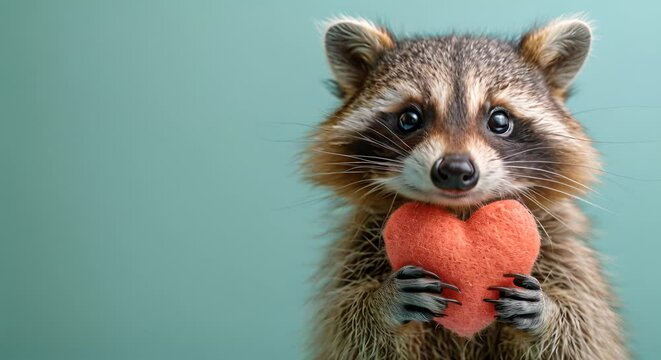 Adorable racoon holding heart on pastel green background. Valentine background Pretty grey mammal hugging pink red heart Wildlife animal, love concept Happy Valentine's Day 4k video