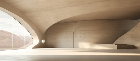 Obraz premium A very large room with a long ceiling is depicted in this image. The room features abstract architectural beige concrete surfaces, giving a smooth and minimalist aesthetic to the interior.