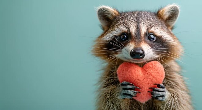 Adorable racoon holding heart on pastel green background. Valentine background Pretty grey mammal hugging pink red heart Wildlife animal, love concept Happy Valentine's Day 4k video