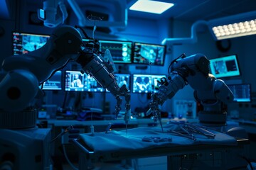 Surgical robot arms performing an operation in a high-tech operating room