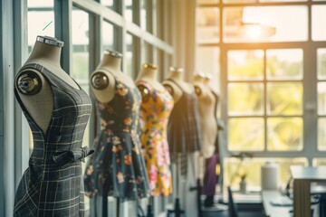 Fashion design mannequins in a studio with natural light from large windows