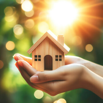 Female hand holding wooden house minimalistic with sun leak isolated on nature green bokeh. ai generative