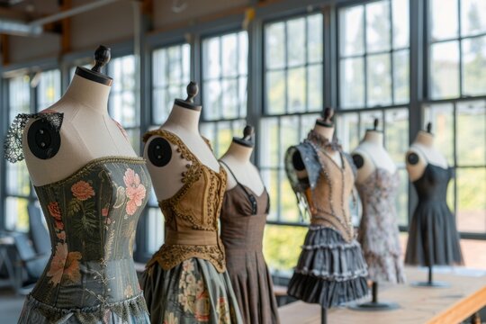 Fashion design mannequins in a studio with natural light from large windows