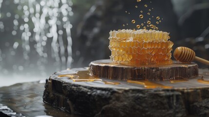 organic honey as it flows slowly and gracefully from honeycombs onto a small wooden board, the golden hues and viscosity of the honey, evoking a sense of warmth and richness.
