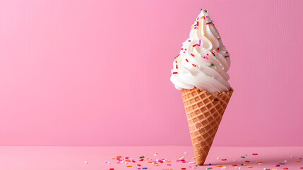 Ice cream in the cone with a sprinkle isolated on a pink background