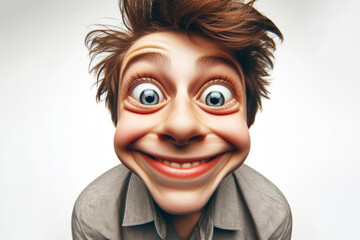 Funny face of a boy with bulging eyes and a wide smile shot at a wide angle on a white background. ai generative