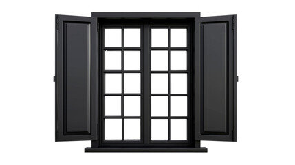Traditional Black Wooden Window With Open Shutters