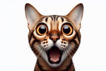 Funny face of a surprised bengal cat with big eyes shot at a wide angle isolated on a white background. ai generative