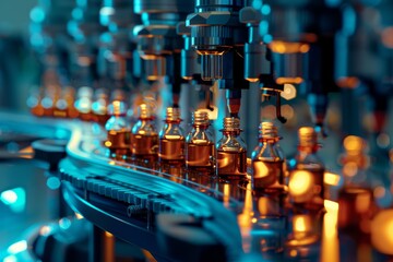 Row of vials on a pharmaceutical production line with blue tones