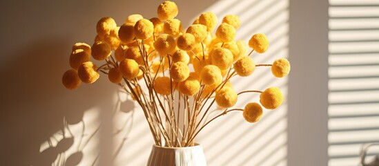 A white vase is filled with mustard yellow Craspedia globosa flowers resembling ping pong balls. The vase sits next to a window, with strong sunlight casting shadows in the living room.