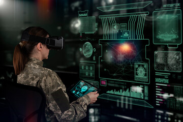 Military Think Tank, AI technology in the army. Warfare analytic operator checking coordination of the military team. Military commander with a digital device with vr glasses operating troops - obrazy, fototapety, plakaty