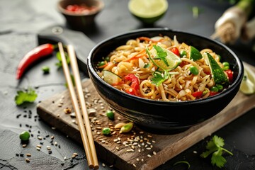 Asian vegetarian noodles with vegetables and lime in black rustic ceramic bowl, wooden chopsticks on cutting board angle view on stone background. 