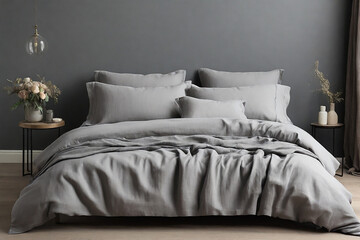 Fototapeta na wymiar Grey pillows on bed in modern bedroom interior. 3d render