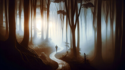 Solitary Figure Walking on a Misty Forest Path at Dusk - obrazy, fototapety, plakaty