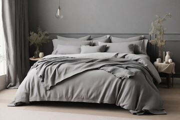 Grey pillows on bed in modern bedroom interior. 3d render