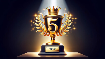 Golden Top 5 Trophy with Crown and Spotlight Highlight