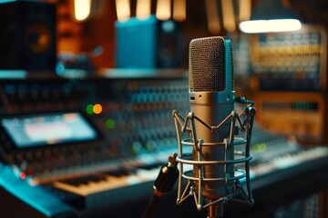 Professional microphone in a recording studio with ambient lighting and equipment in the background