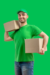 Delivery man with a box. Courier in uniform cap and t-shirt service fast delivering orders. Young guy holding a cardboard package. Character on isolated background for mockup design