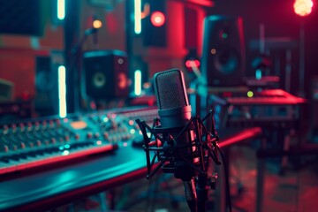 Professional microphone in a recording studio with ambient lighting and equipment in the background - obrazy, fototapety, plakaty