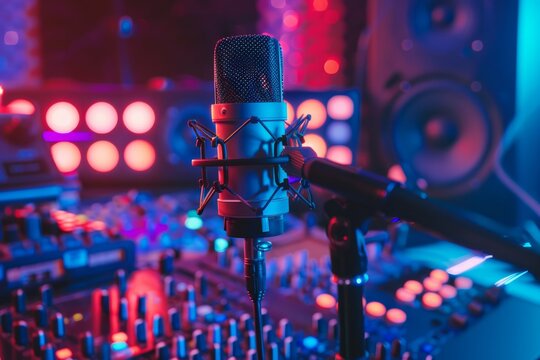 Professional Microphone In A Recording Studio With Ambient Lighting And Equipment In The Background