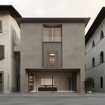 Minimalist composition of of the main facade of an interior design and architecture studio, with a minimalist and with an Italian touch. 3d render.