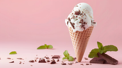 National Ice Cream Day, july 17, summertime holiday concept. Vanilla Ice Cream With Chocolate and Mint - Powered by Adobe