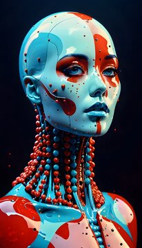 A digital artwork of a female android with a contemplative gaze, her face and torso adorned with red and blue accents. The image evokes a sense of futuristic elegance and technological sophistication