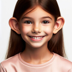Fototapeta premium portrait Little girl smiling with very big ears isolated on solid white background. ai generative