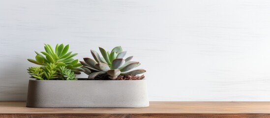 Two indoor succulents in a white planter are placed on a wooden shelf against a white wall. The side view showcases the green succulents contrasting against the neutral background.