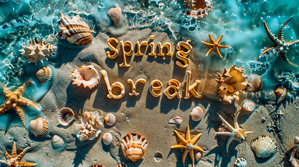 Shoreline of a sandy beach with Spring Break written in sea shells