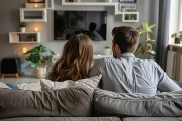 Back view of adult couple watching TV at home while sitting on sofa 