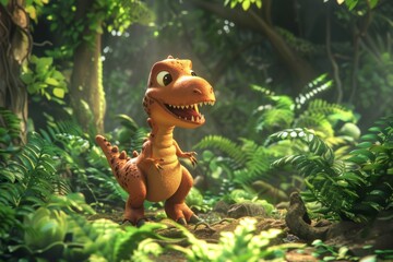 3D dinosaur in a prehistoric jungle, playful scene