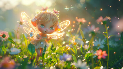 3D fairy in a flower garden, sparkling wings
